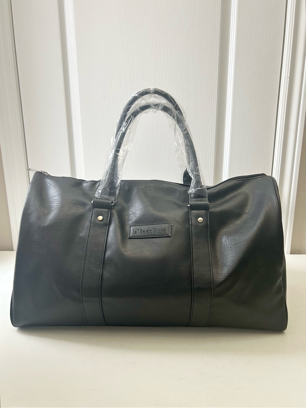 Black Faux Leather Weekender Bag Travel Duffel - Picture 2 of 10